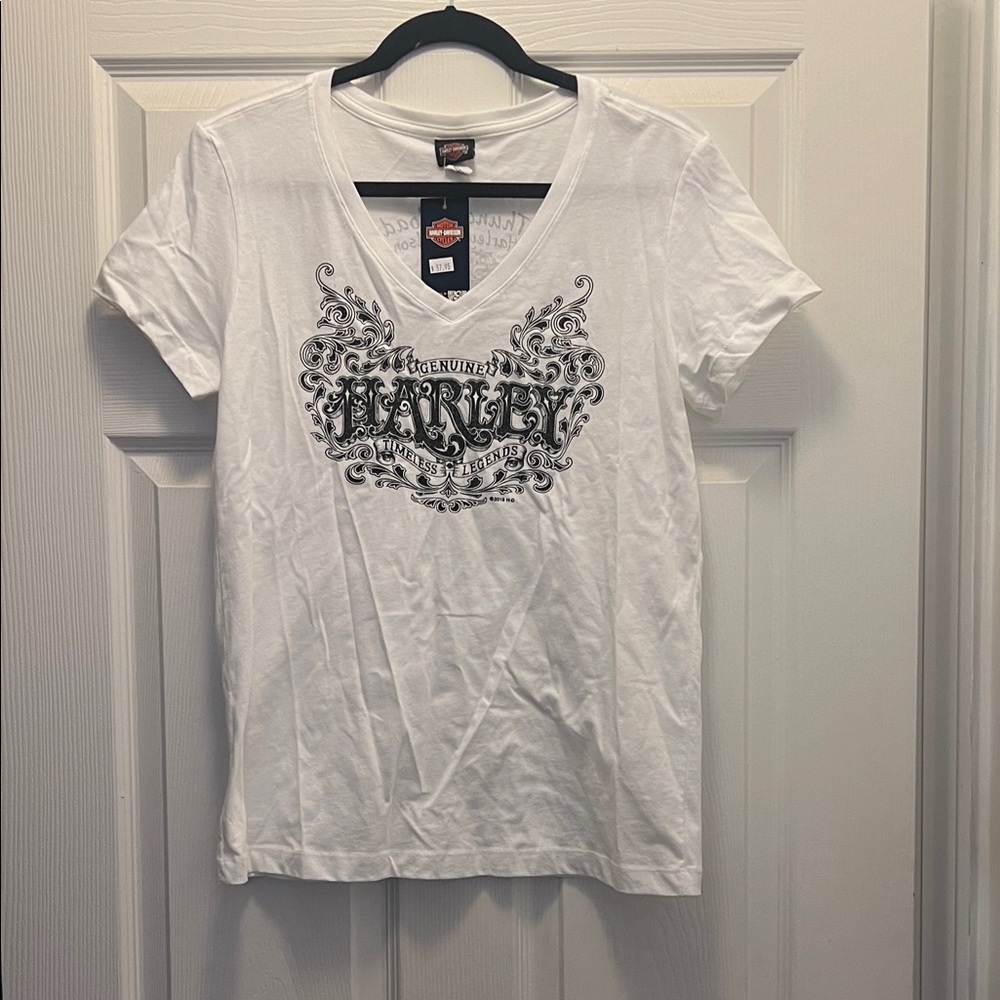 Harley-Davidson White V-Neck Tee with Black Ornate Logo